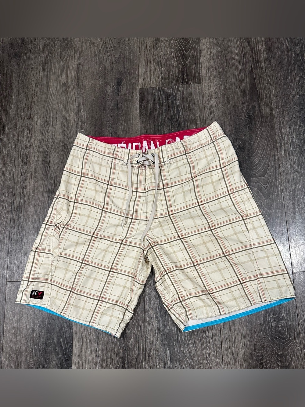 American Eagle Outfitters Beige Plaid Swim Shorts with Red & Blue Accents